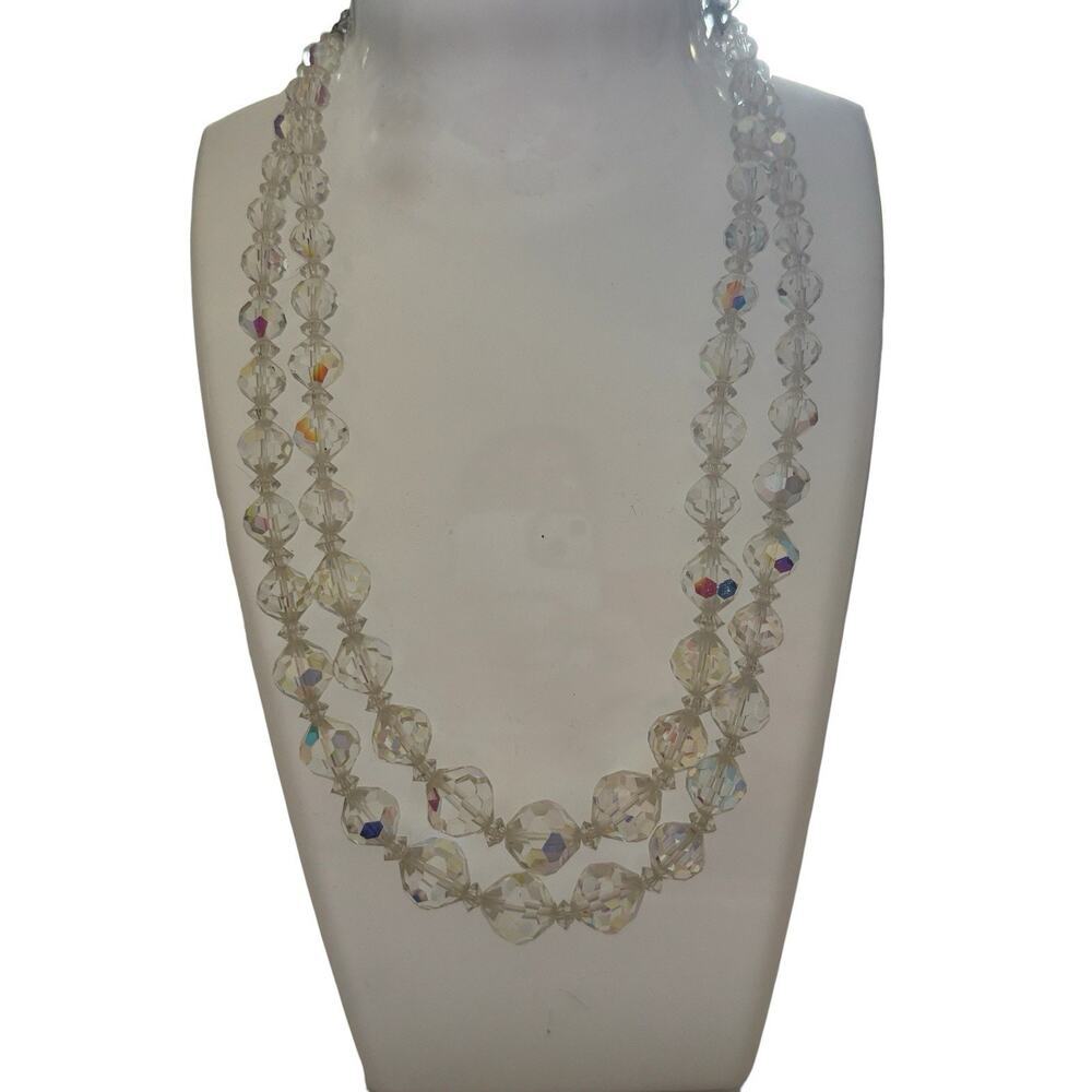 Aurora Borealis Necklace Double Layered AB Crystal Costume Jewelry Mid Century - Picture 3 of 6